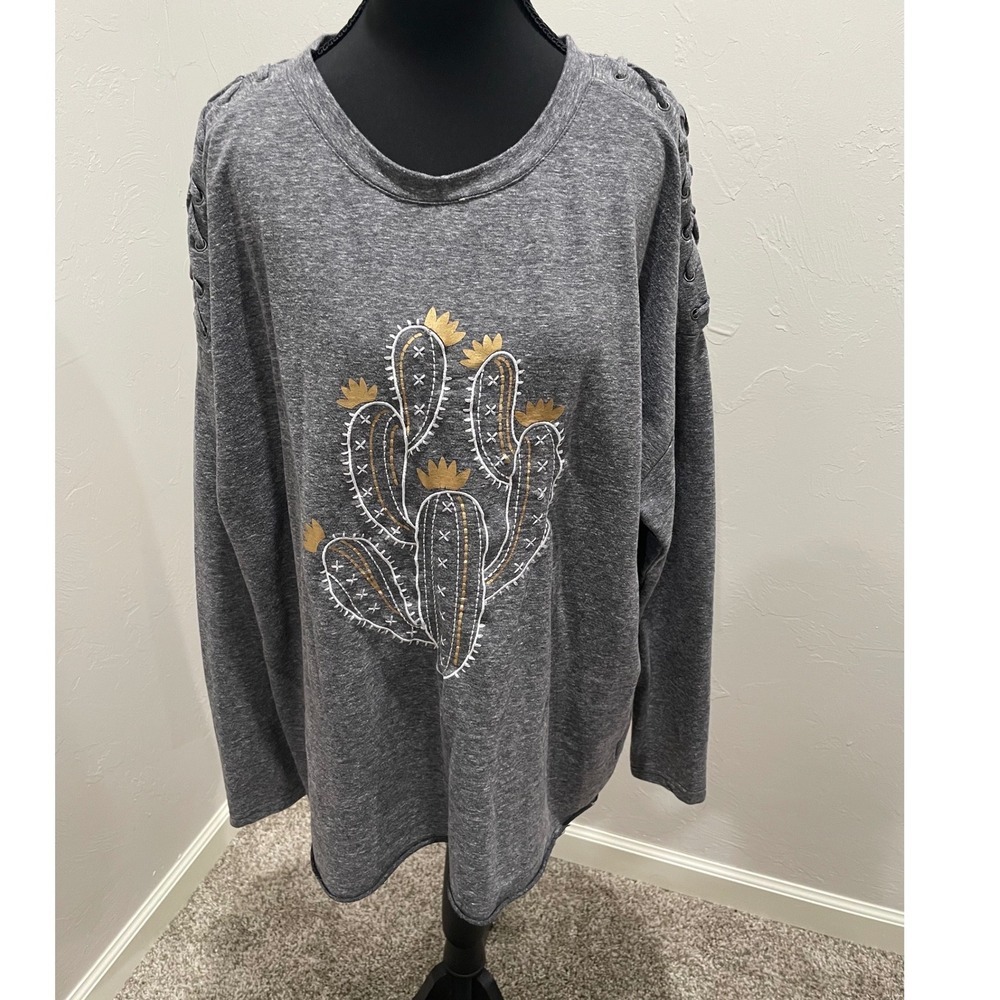 Rock & Roll Cowgirl Womens XXL Gray Cactus Graphic Lace Up Sleeve Top 48T9616